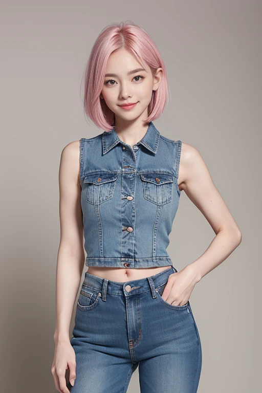 highest quality、4K、Perfect Face、Perfect Style、perfect body、Sunburn、beautiful lady、mature、pink bob hair、Swept-back hair、full body, sexy 、charming、healthy、beautiful abs、sleeveless shirt、jeans、smile
