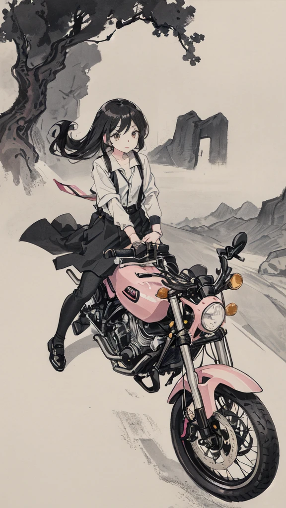 Girl riding pink motorcycle, Ball Head, Flowing hair, Come back to me, Holding a mobile phone, cute, interesting, suspenders, Road Background, vehicle, Disguise, streamer, Black Hair, Black cloth shoes, ink, landscape, High resolution