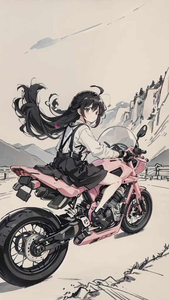 Girl riding pink motorcycle, Ball Head, Flowing hair, Come back to me, Holding a mobile phone, cute, interesting, suspenders, Road Background, vehicle, Disguise, streamer, Black Hair, Black cloth shoes, ink, landscape, High resolution