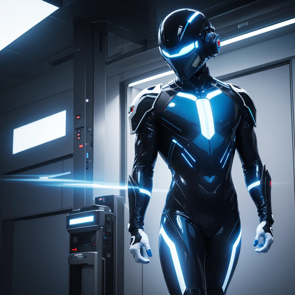 (masterpiece), (best quality), (high res) Solo, (perfect anatomy) Dronificated unknown man in a fully (enclosed blue latex full body suit) (white LEDs across the suit) (white glowing core in the chest), (enclosed cyber helmet) that cover his whole face and hides his identity with a white screen, strong body, muscular body, in a storage, (no face) no face, no hair, no mouth, no eyes, in a futuristic lobby