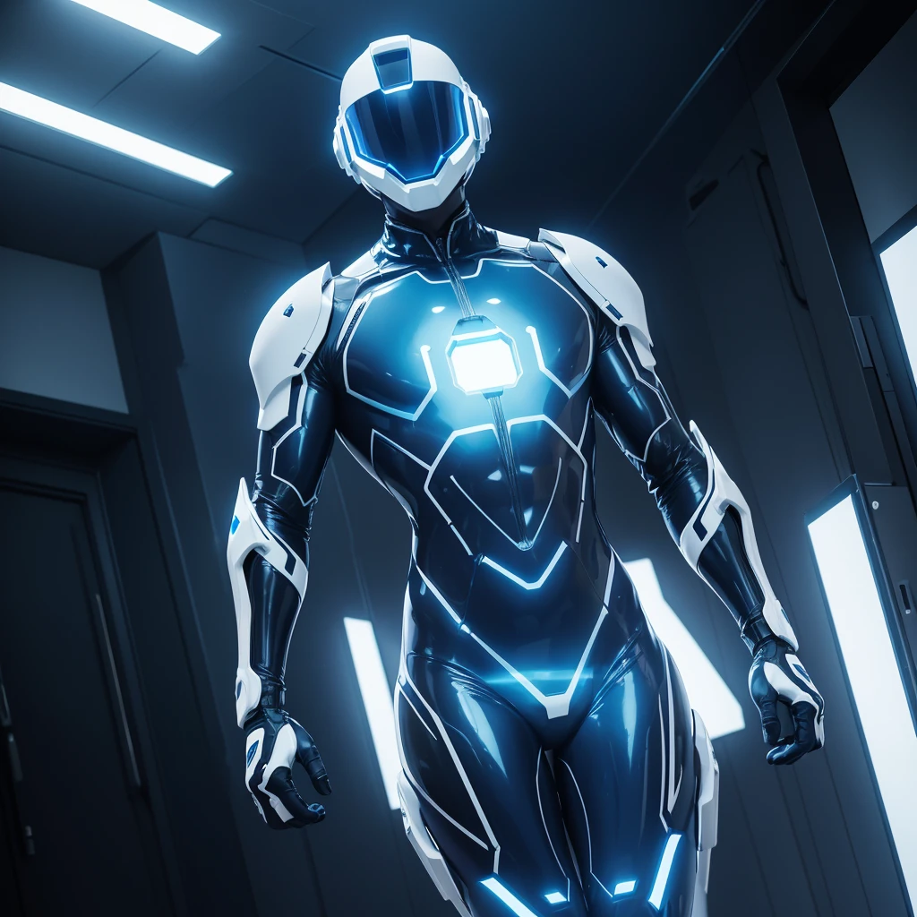 (masterpiece), (best quality), (high res) Solo, (perfect anatomy) Dronificated unknown man in a fully (enclosed blue latex full body suit) (white LEDs across the suit) (white glowing core in the chest), (enclosed cyber helmet) that cover his whole face and hides his identity with a white screen, strong body, muscular body, in a storage, (no face) no face, no hair, no mouth, no eyes, in a futuristic lobby