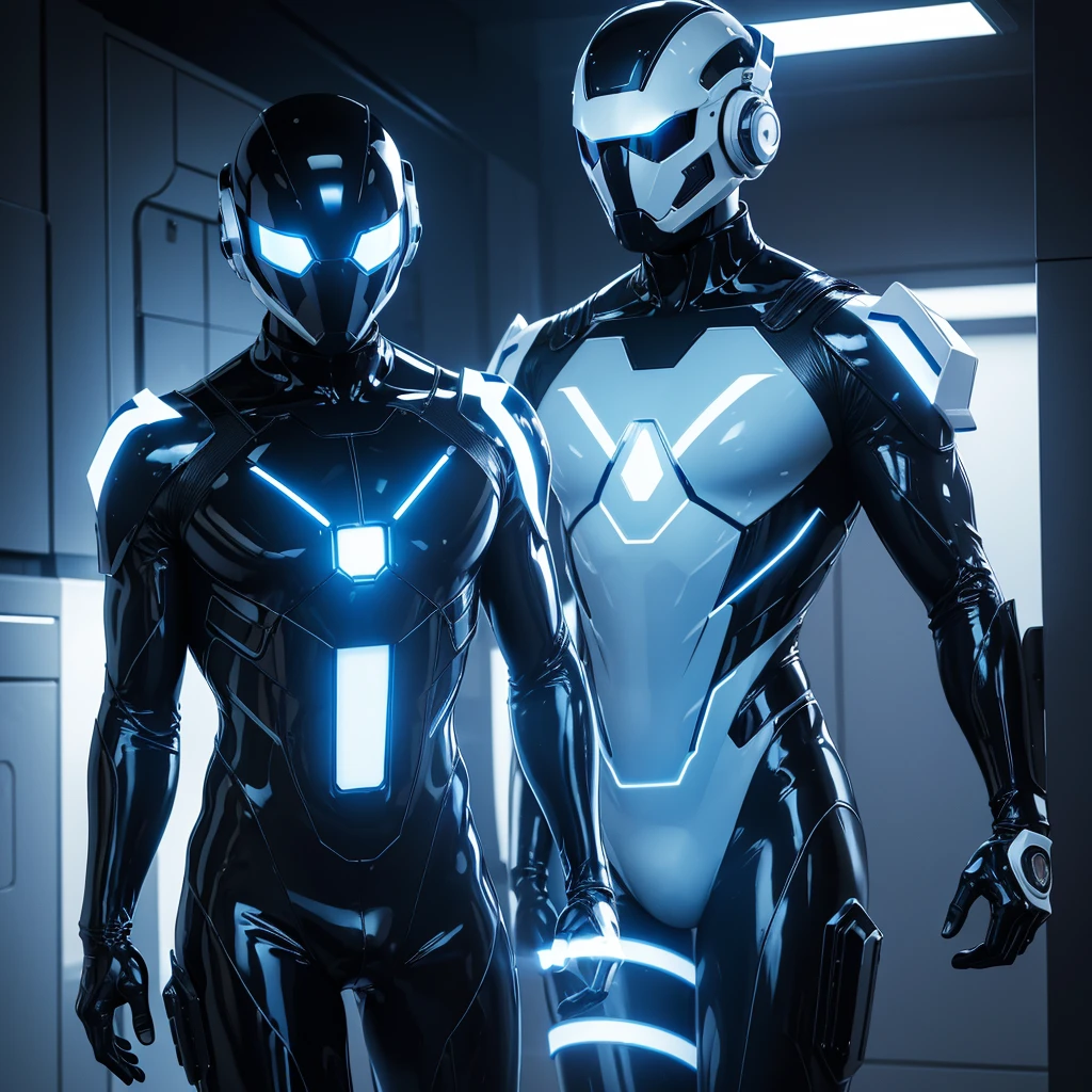 (masterpiece), (best quality), (high res) Solo, (perfect anatomy) Dronificated unknown man in a fully (enclosed blue latex full body suit) (white LEDs across the suit) (white glowing core in the chest), (enclosed cyber helmet) that cover his whole face and hides his identity with a white screen, strong body, muscular body, in a storage, (no face) no face, no hair, no mouth, no eyes, in a factory