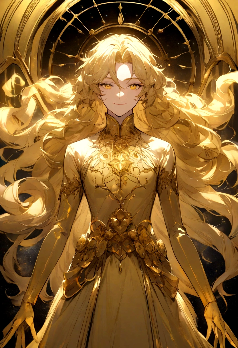Create a man with unique characteristics, inspired by the sign of Leo and the cosmological stars An artistic representation of the essence of this sign, with striking features and a mysterious aura, leave in evidence golden traces of gold and golden lights, yellowish hair like gold and a confident smile Make clear the pride of the sign of Leo in its essence with a long curly and voluminous hair as a representation of the mane