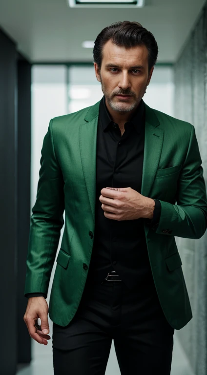 russian man , pastel green jacket ,black pant , tuxedo ,candid low long shot photography, realistic, detailed skin texture, vibrant colours, great exposure, cinematic, Photorealistic:1.4, UHD