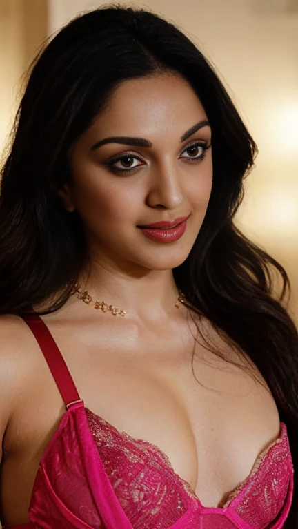 Close up photo of naked Kiara Advani , hourglass figure, swooping breasts, deep cleavage, curvy, erotic standing having sex with big tulips with wide open spread legs, sexy armpits, nipples seductive eyes, sultry, look at viewer and sexy smile, red lips, ponytail, necklace, 4K, HD , (cinematic:1.3), intricate details, (ArtStation:1.2) in Pink Bombshell Crepe Silk Lingerie Robe