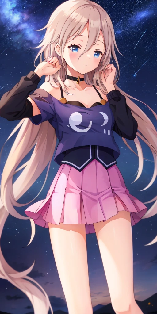 one girl, IA, Aria on the Planetes, off shoulder, black shirt, short skirt, choker, starry sky, look at the sky, pray for stars, close eyes, praying hands