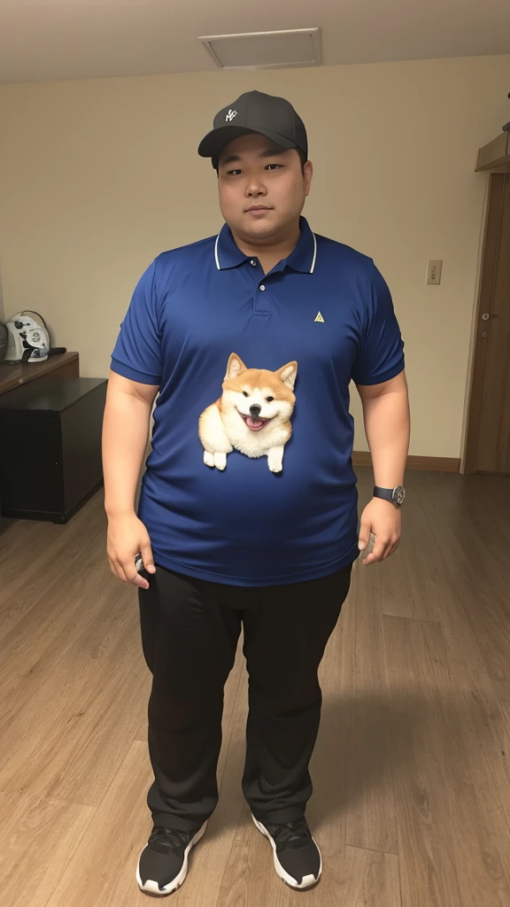 The only character is a Shiba Inu.、The body is fat、Shiba Inu、The posture is like begging.,
Posture is standing、Posture is upright、The camera is taken from a little distance.、The face is facing forward、The body is fat、The body is fat、The Shiba Inu is wearing tight-fitting pants and a tight-fitting polo shirt.
