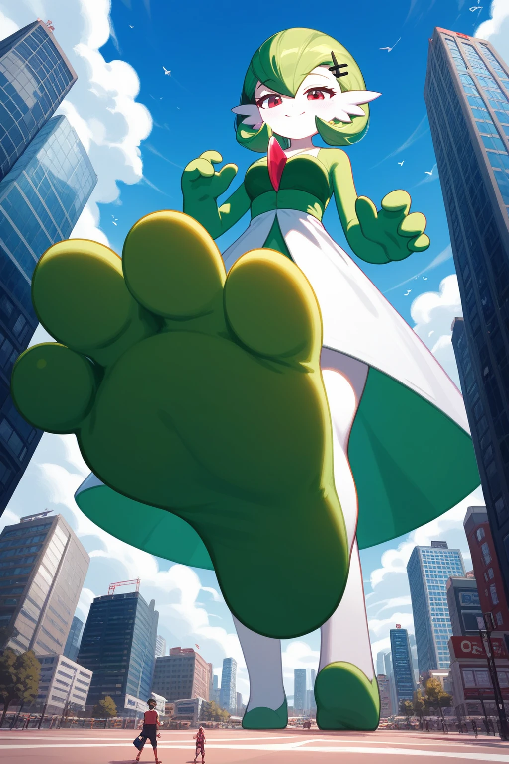 (Fraction_9,Fraction_8_Direction_7_up,), green legs, full body! shot, green and white, higurashi, danny phantom, full body shot close up, gardevoir, pokemon, sizedifference, macro, giantess, low angle, paws, stand, look down, 1 character, deceptive smile, hands down, half-squinted eyes, city, 2 feet