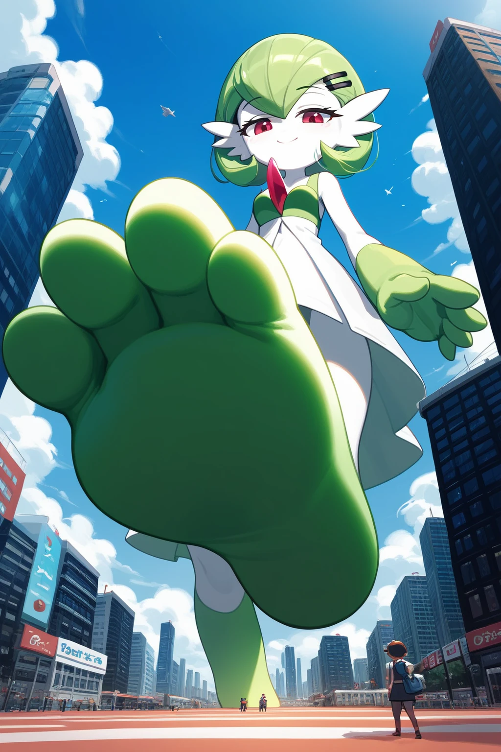(Fraction_9,Fraction_8_Direction_7_up,), green legs, full body! shot, green and white, higurashi, danny phantom, full body shot close up, gardevoir, pokemon, sizedifference, macro, giantess, low angle, paws, stand, look down, 1 character, deceptive smile, hands down, half-squinted eyes, city, 2 feet