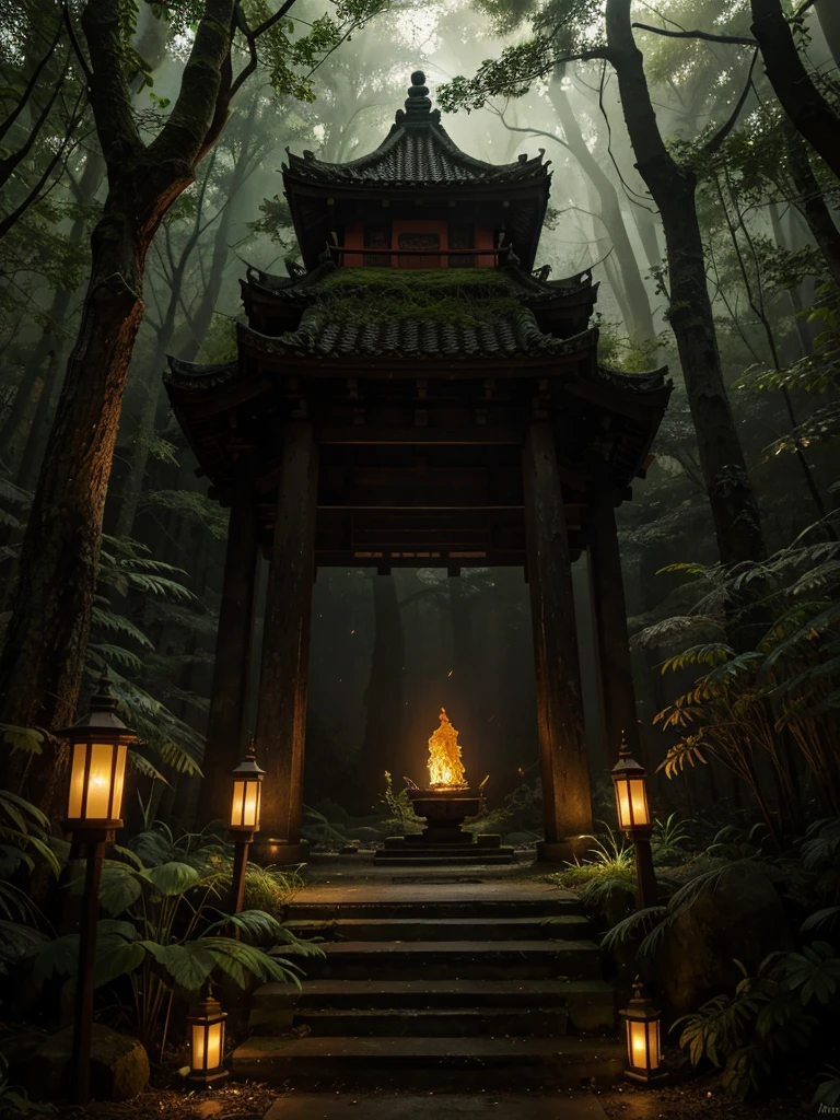 Masterpiece, best quality, 8K, high res, ultra-detailed, no humans, beautiful view, ultra -detailed, fine detailed, highly detailed, intricate, highly detailed, ultra-detailed, scenery, misty atmosphere, solitary, intricate details, delicate features, deep forest, wisps of light, pristine, japanese temple, mysticism, night, red lanterns burning, fireflies, fiery butterflies, gloomy atmosphere, temple in the forest, mossy stairway in the temple, mysterious forest, dilapidated temple, sanctuary, will-o'-the-wisps, dilapidated temple, field of spider lily flowers,wild nature oil painting
