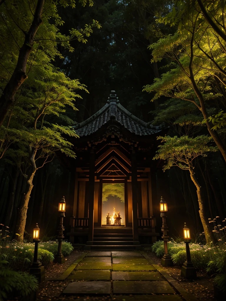 Masterpiece, best quality, 8K, high res, ultra-detailed, no humans, beautiful view, ultra -detailed, fine detailed, highly detailed, intricate, highly detailed, ultra-detailed, scenery, misty atmosphere, solitary, intricate details, delicate features, deep forest, wisps of light, pristine, japanese temple, mysticism, night, red lanterns burning, fireflies, fiery butterflies, gloomy atmosphere, temple in the forest, mossy stairway in the temple, mysterious forest, dilapidated temple, sanctuary, will-o'-the-wisps, dilapidated temple, field of spider lily flowers,wild nature oil painting