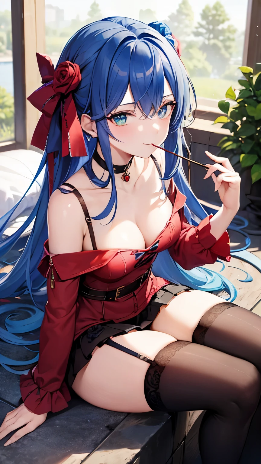 Blue Hair,Medium Hair,(Put a red rose in your hair),Green Eyes,Pocky Game,Rose-patterned clothes,17 years old,Black thigh-high socks,smile,Rose petals flutter