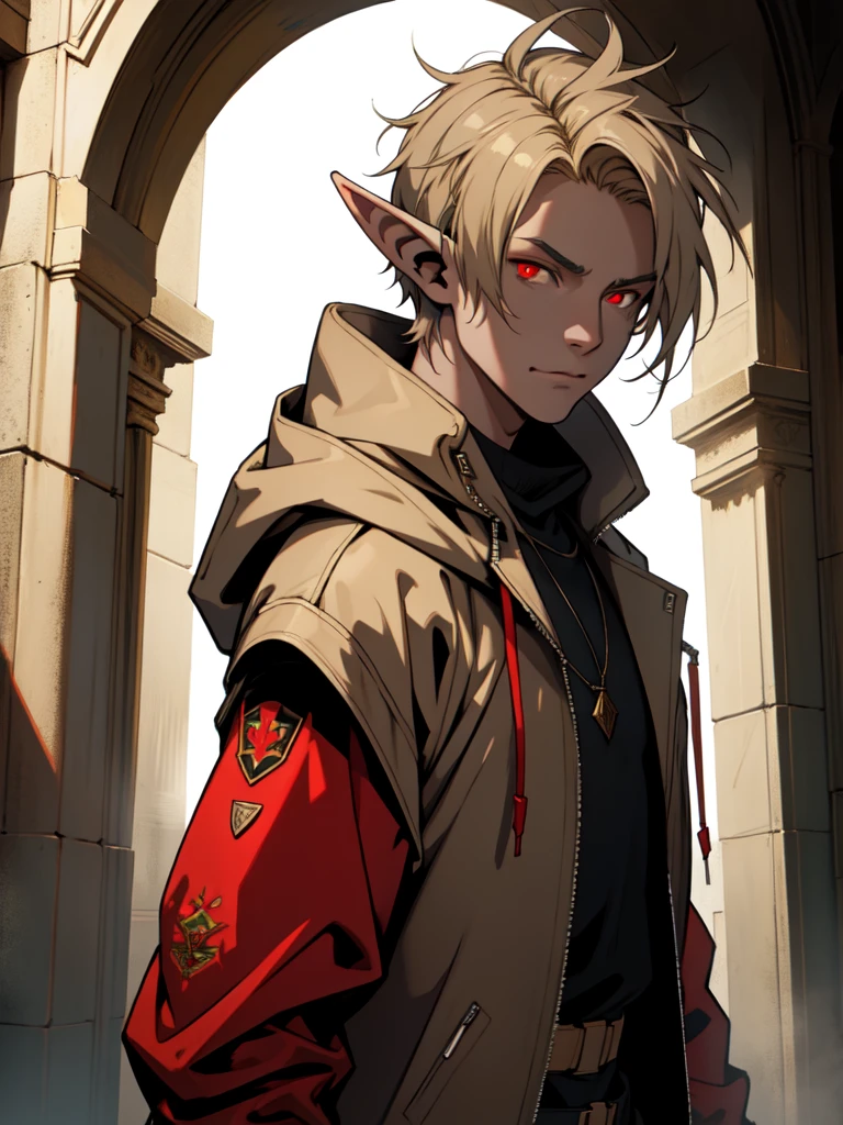 An elf man with short beige hair, red glowing eyes, wearing techno jacket, hood, town, masterpiece, best quality, high resolution