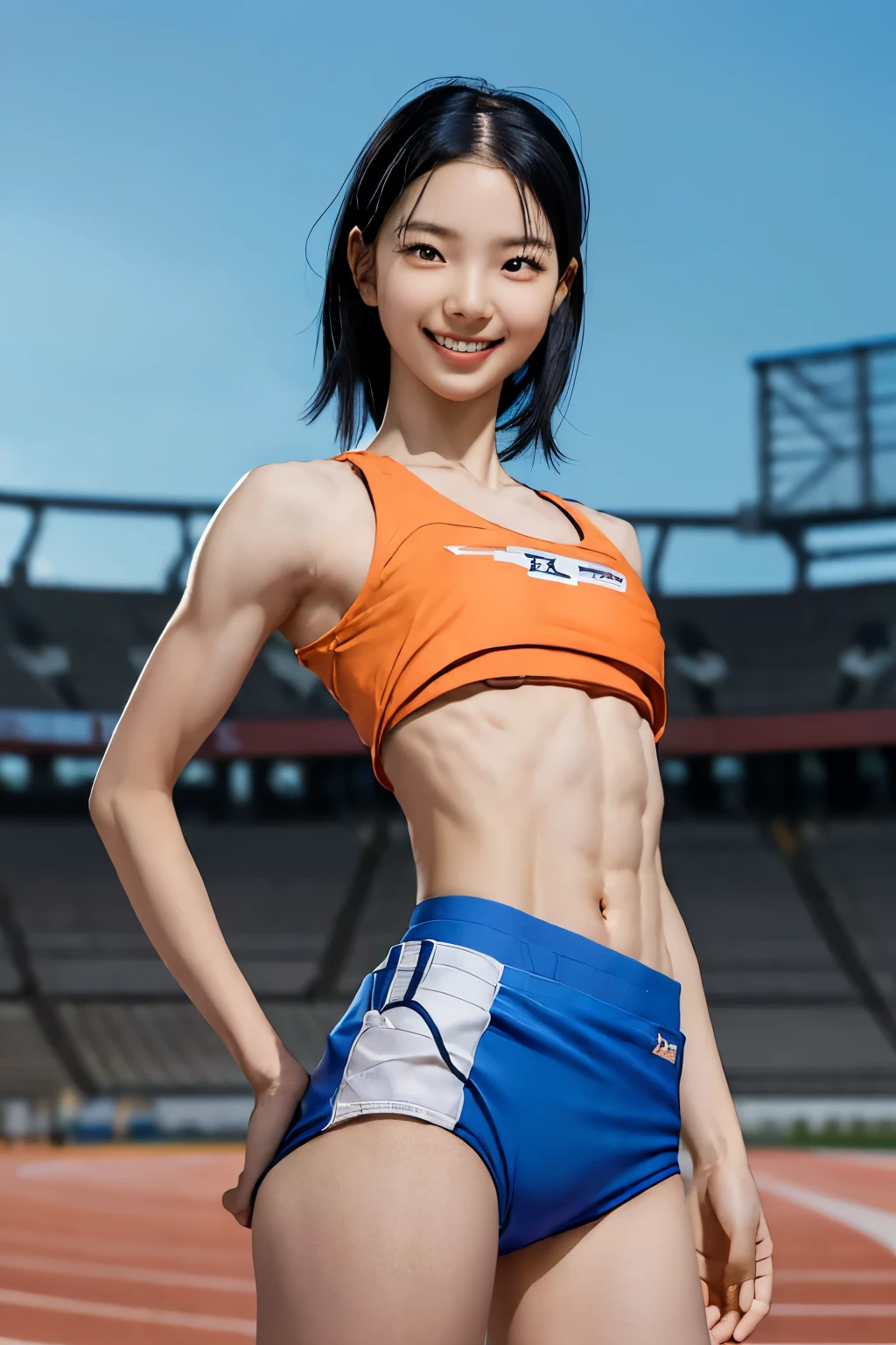 ((highest quality)), ((masterpiece)), (Realistic details,Tabletop:1.0,High resolution:1.2,Realistic:1.4,8k, RAW Photos:1.2),(Very 小さい-breasted Japanese athletes:1.2), (beautiful, Symmetric, Single eyelid pupil,シンプルでbeautifulルックスと軽いオルチャンメイクが魅力的な19歳のアイドル:1.2),((Bright blue headband and very short black hair:1.3)),((A smile with beautiful white teeth:1.25)),Thin and slightly thin eyebrows:1.2,(Attention to detail、Fair skin with a slight sheen:1.2),(Outdoor athletics stadium:1.2),((A frontal shot of a cowboy from the same perspective:1.2,Standing with hands on hips 1.25),Spotlight:1.1,(((Very small breasts:1.75))), (((Well trained,Muscular, lean, athletic build:1.65))),(Short torso:1.25),(Broad shoulders:1.32),(Tight waist:1.4)),((Small Ass:1.22)),(((Fine abdominal muscles:1.78))),((muscular limbs:1.42)),((Muscular and very thin thighs:1.6)),((The groin, belly button and hip bones are visible.:1.45)),(((A super tight, very short, mini length, bright blue and bright orange high leg, high gloss track and field uniform:1.22,Fits tightly on very 小さい breasts:1.23,Sporty, vibrant orange three-line design:1.32),)),((Looking at you from the center, directly in front:1.4)) 