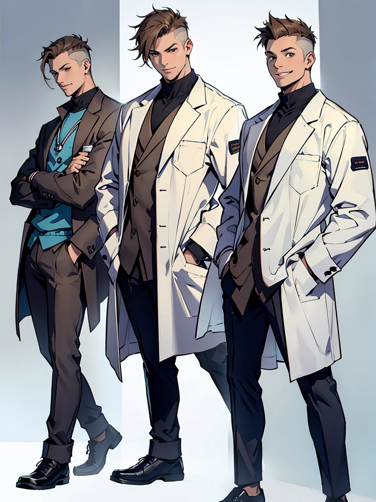 cabello blanco ojos amarillosyoung male doctor, wearing white doctor's clothes, brown short hair, hands in his pockets, smiling, dynamic pose, character sheet style