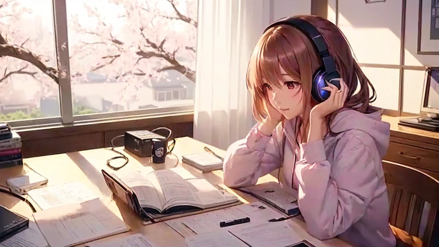 Anime girl sitting at desk with headphones and holding book, Nightcore, Anime atmosphere, Anime Style 4k, Anime Aesthetics, Young Anime Girl, anime wallpaper 4k, Anime Images, anime wallpaper 4k, I like anime, Anime Background, Anime Aesthetics, anime art wallpaper 4k, anime art wallpaper 4k, study, 4k anime wallpaper