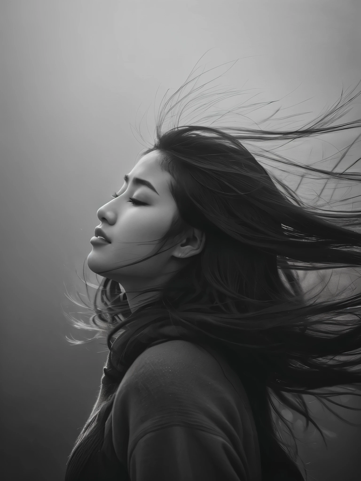 a black and white photo look From behind the thick fog appeared of a uzbek woman's face with strands of hair blowing in the wind covering her face by irakli nadar, open eyes, dynamic pose, floating hair, perfect object, foggy weather, motion blur, tumblr, flora borsi, melancholic art, emotive portrait, wlop, 8k, artistic, surreal portrait photography, Japanese girl,20yo,