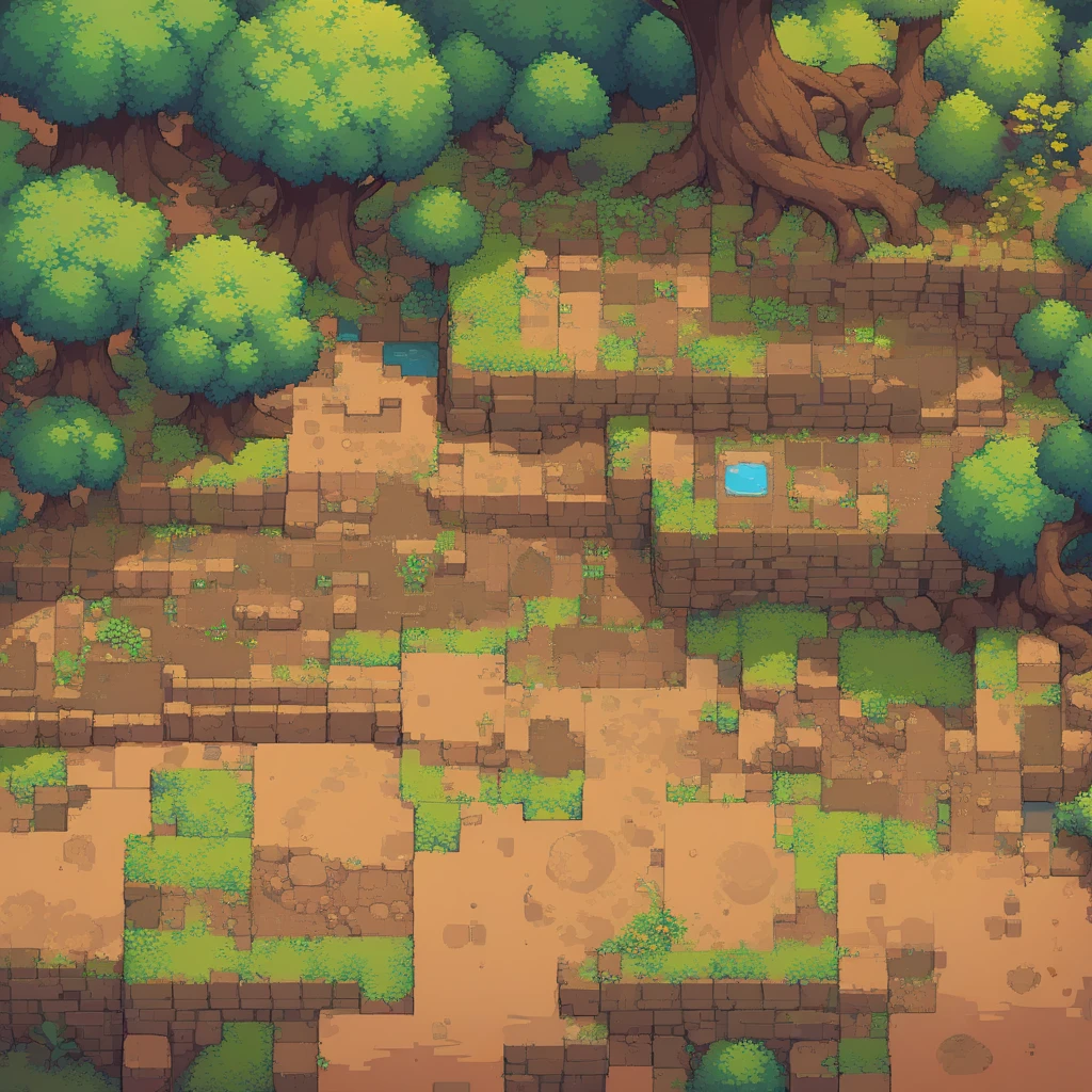 retro video game style,pixelated graphics,vibrant colors,8-bit characters,blocky shapes,sharp lines,detailed shading,classic gaming vibe,nostalgic atmosphere,classic arcade games,masterpiece:1.2,ultra-detailed,illustration style, 2d texture, clay texture, stone texture, 4 k seamless mud texture, video game texture, dirt texture, clay material, flat texture, grass, trees, rock texture, rocky ground, forest, topdown view, game texture, background art, ground very detailed, dirt, floor texture, tileable texture, flowers, bushes, shrubs, intricate ground stone, top down view, 3/4th perspective