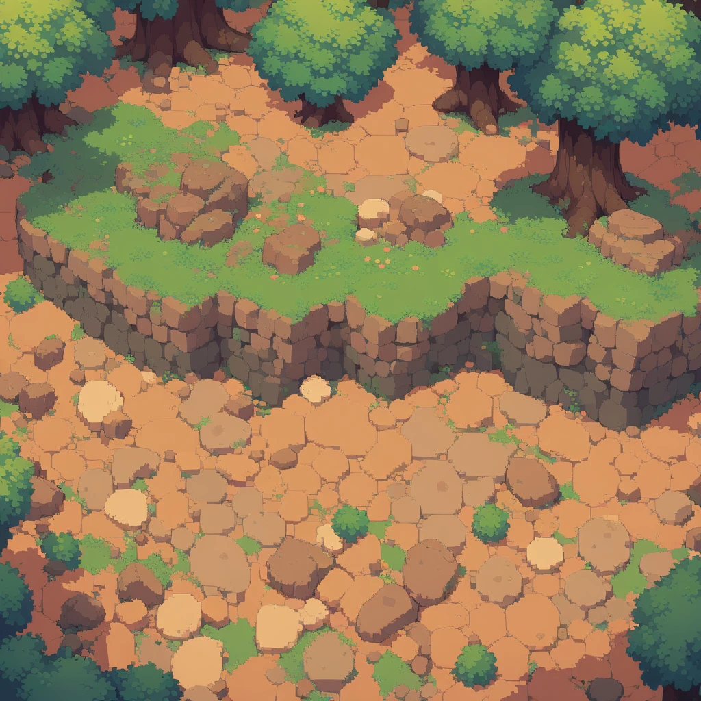 retro video game style,pixelated graphics,vibrant colors,8-bit characters,blocky shapes,sharp lines,detailed shading,classic gaming vibe,nostalgic atmosphere,classic arcade games,masterpiece:1.2,ultra-detailed,illustration style, 2d texture, clay texture, stone texture, 4 k seamless mud texture, video game texture, dirt texture, clay material, flat texture, grass, trees, rock texture, rocky ground, forest, topdown view, game texture, background art, ground very detailed, dirt, floor texture, tileable texture, flowers, bushes, shrubs, intricate ground stone, top down view, 3/4th perspective