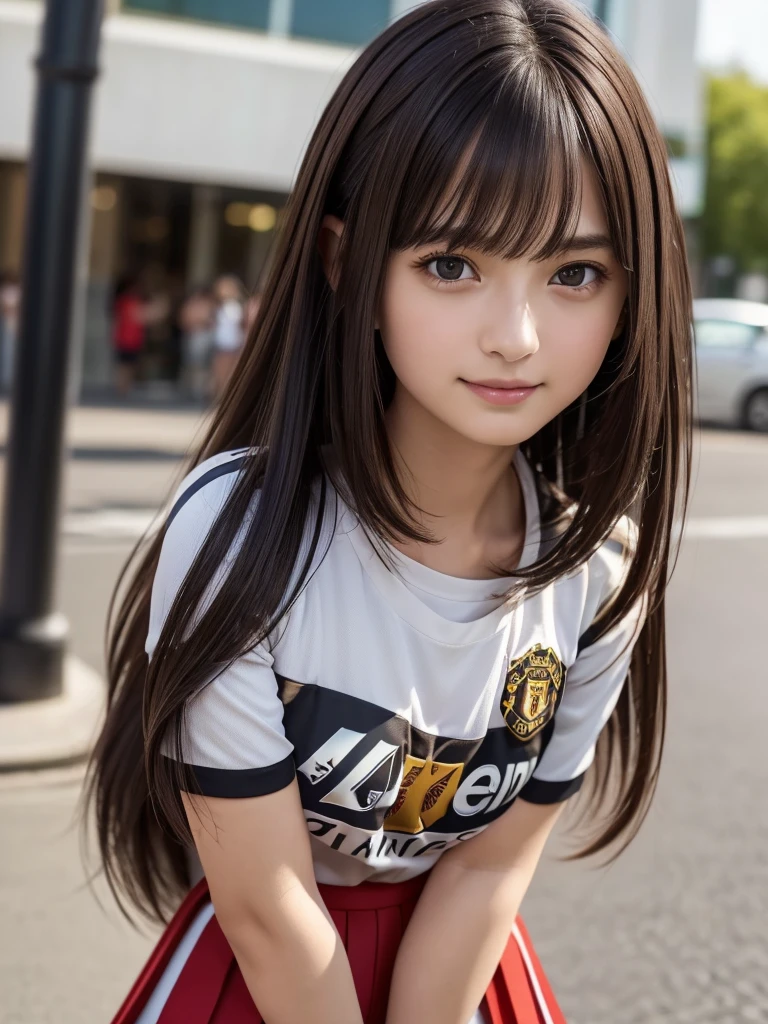 (8k, RAW Photos, highest quality, masterpiece:1.2), (Realistic, photo-Realistic:1.4), (Highly detailed 8k wallpaper), ((Full Body Shot)), (1 girl), Sharp focus, Depth of written boundary, Cinematic lighting, Soft Light, 緻密な美しさのeye, eye_Chan, Very beautiful girl, innocent big eyes, Realistic, photo Realistic, Highly detailed cute girl, (Thin thighs), (Model Body Type), 18-year-old, (((manchester united soccer jersey))), ((Micro Mini Pleated Skirt)), (((Fold your arms in front of your chest and act arrogantly))), ((A happy smile)), Parted lips, Watching the audience, (On the streets of Britain) , (Brown Hair),(Long Bob Hair), (Asymmetrical bangs)