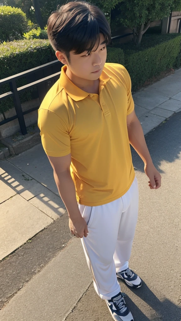 The only character is a Shiba Inu.、The body is fat、Shiba Inu、The posture is like begging.,
Posture is standing、Posture is upright、The camera is taken from a little distance.、The face is facing forward、The body is fat、The body is fat、The Shiba Inu is wearing tight-fitting pants and a tight-fitting polo shirt.
