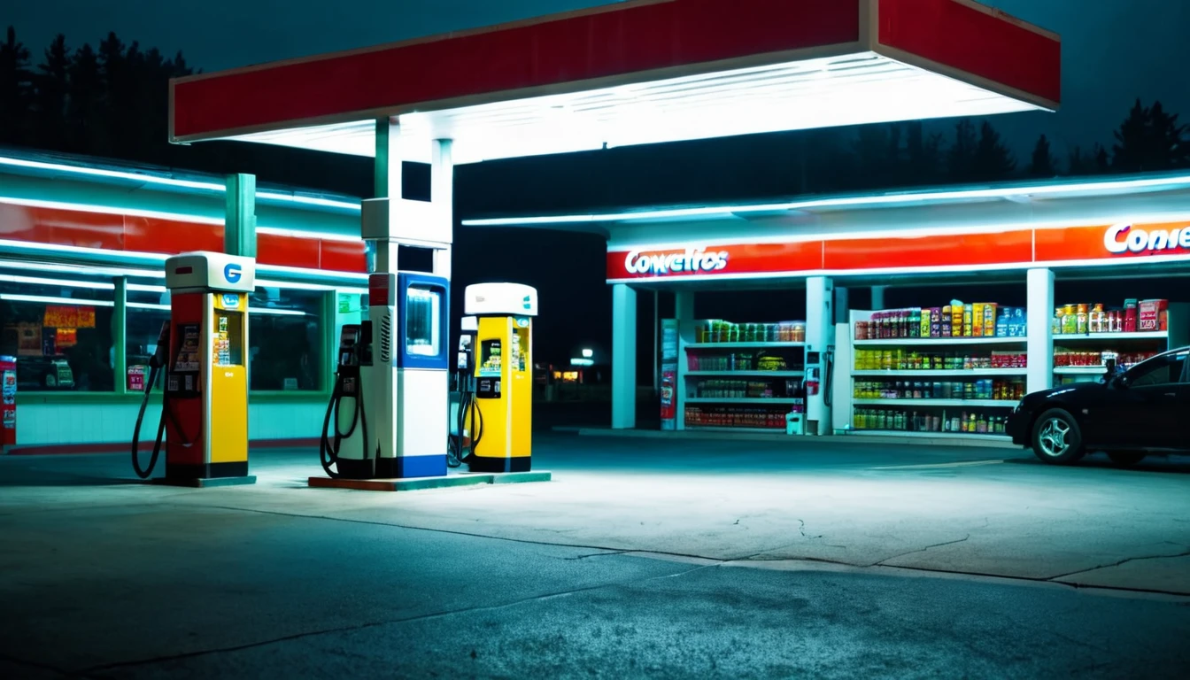 first person view inside a gas station convenience store, ominous night