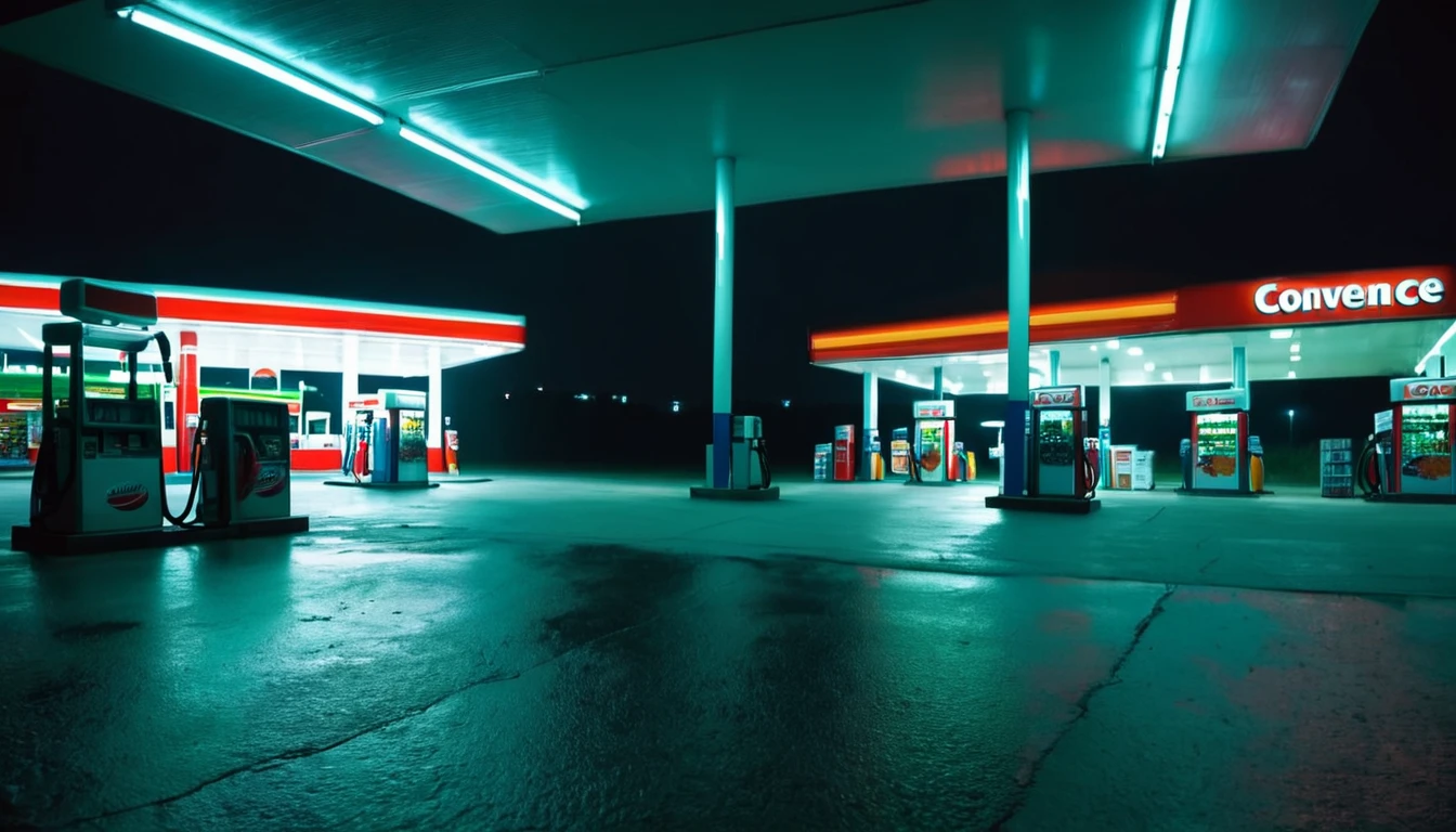 first person view inside a gas station convenience store, ominous night