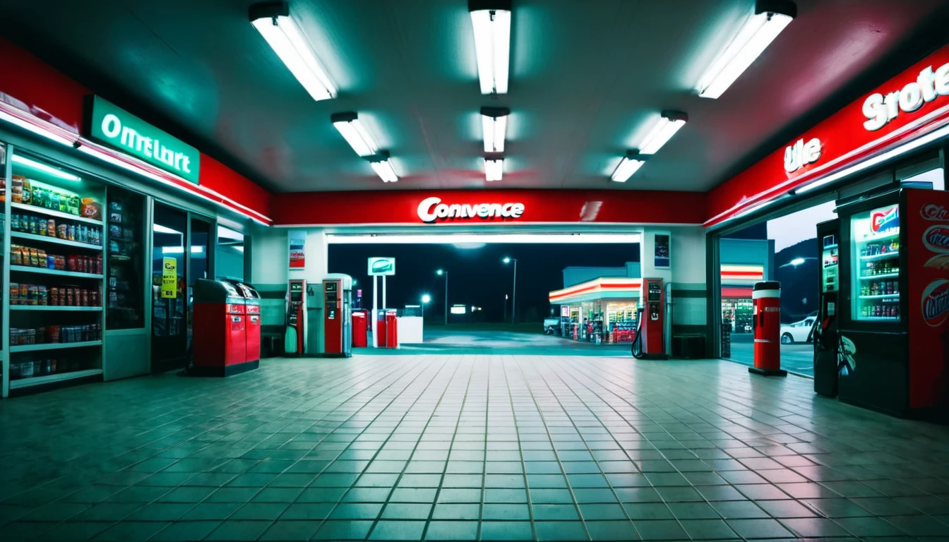 first person view inside a gas station convenience store, ominous night