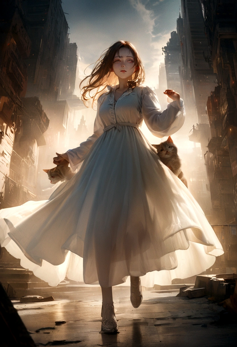Woman holding a cat、Official Art, Unified 8k wallpaper, Very detailed, beautiful and beautiful, beautiful, masterpiece, 最high quality, original, masterpiece, Ultra HD Photos, 最high quality, Ultra-high resolution, Realistic realism, sunlight, Full body portrait, Amazing beauty, Dynamic pose, Delicate face, Vivid eyes, Detailed face, Detailed, intricate and busy background, Messy, nice, milky, Very detailedな肌, Realistic skin detail, Pores are visible, Clear focus, Volumetric Fog, 8K Ultra HD, Digital SLR, high quality, Film Grain, Fair skin, Photographic realism, Lomography, Future dystopian megalopolis, translucent