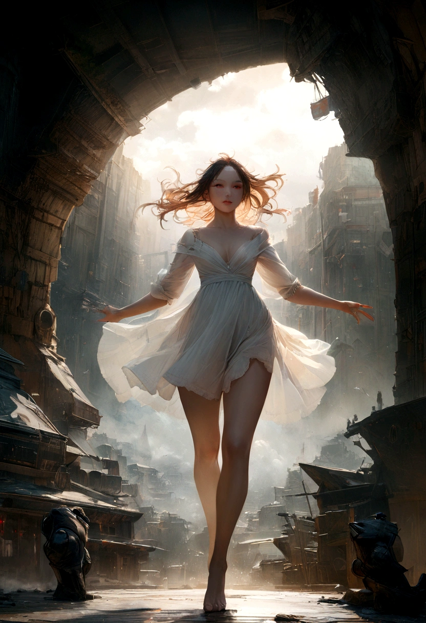 masterpiece symmetrical composition, decorative style, (Flat color:1.1),(Colorful:1.3),(Masterpiece:1.2), Masterpiece, Extremely detailed wallpaper Best quality, (Realistic:0.6), landscape utopian ancient cityscape future perfect world trees spheres and towers, 1 solo female, breasts flat tiny nipples, teen wearing dress skirt white tight suite bright futuristic fashion transparent, the sea of star, high tone, magnificent, masterpiece high detailed, female on the futuristic tower, wind hairs, fullbody, body perfect, sunlight, super detailed, anatomically correct, face young russian perfect cute woman sweet beautifull, sunlight, optymistic, abstract artistic masterpiece, best qualtiy, A high resolution, Complicated details