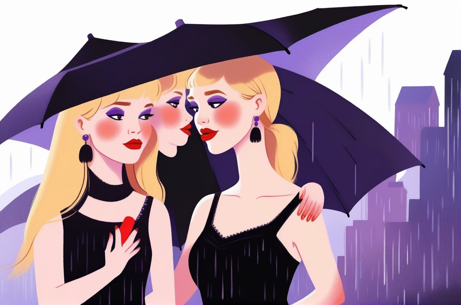 children's picture books,crayon paintings, woman, bangs, blonde hair, earrings, gothic black dress, jewelry, lipstick, long hair, makeup, purple eyes, rain, red lips with her son and daughter