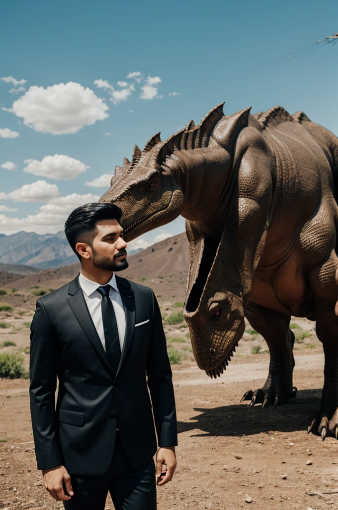 Man wearing black suit with big dinosaur