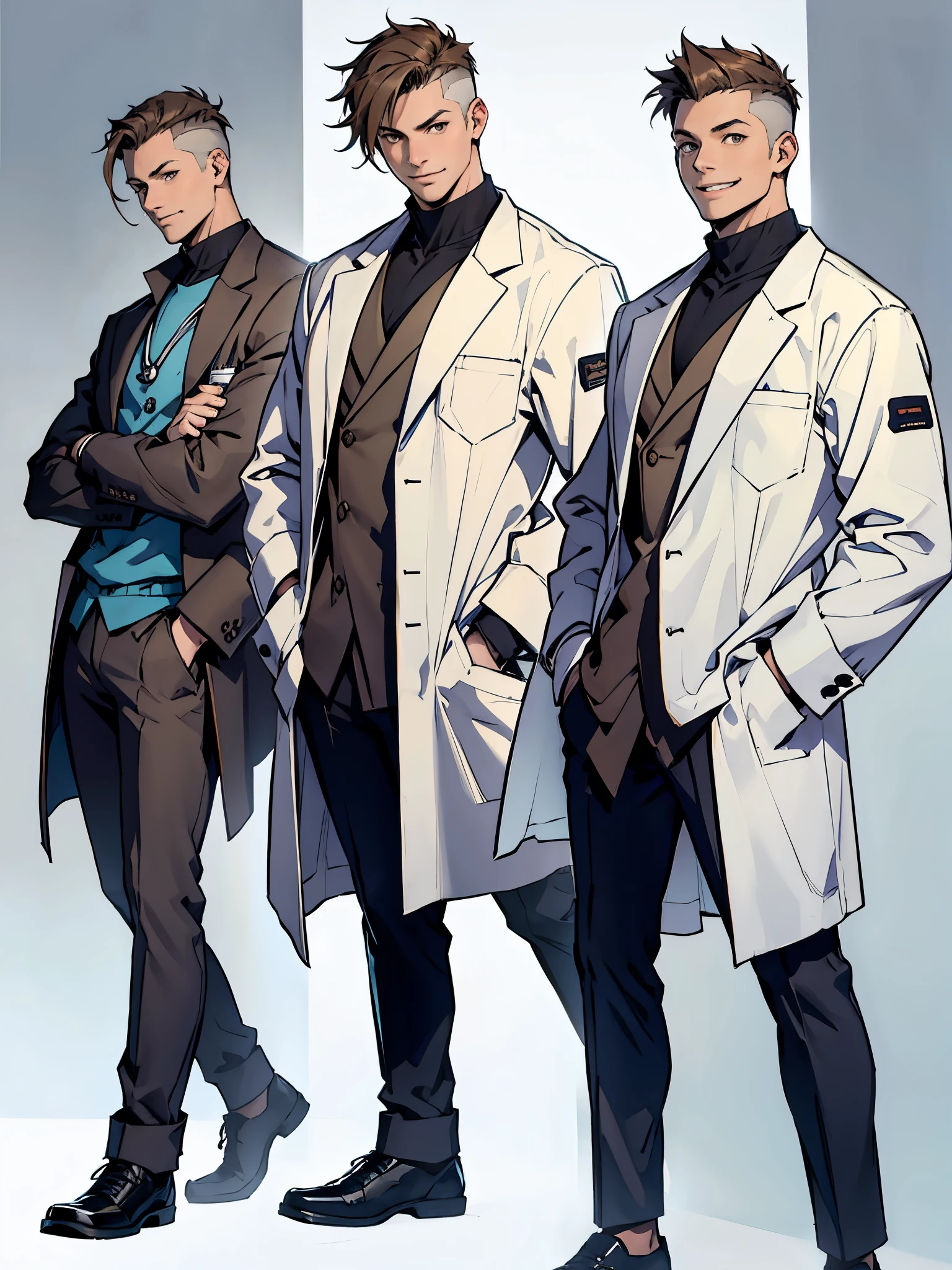 cabello blanco ojos amarillosyoung male doctor, wearing white doctor's clothes, brown short hair, hands in his pockets, smiling, dynamic pose, character sheet style