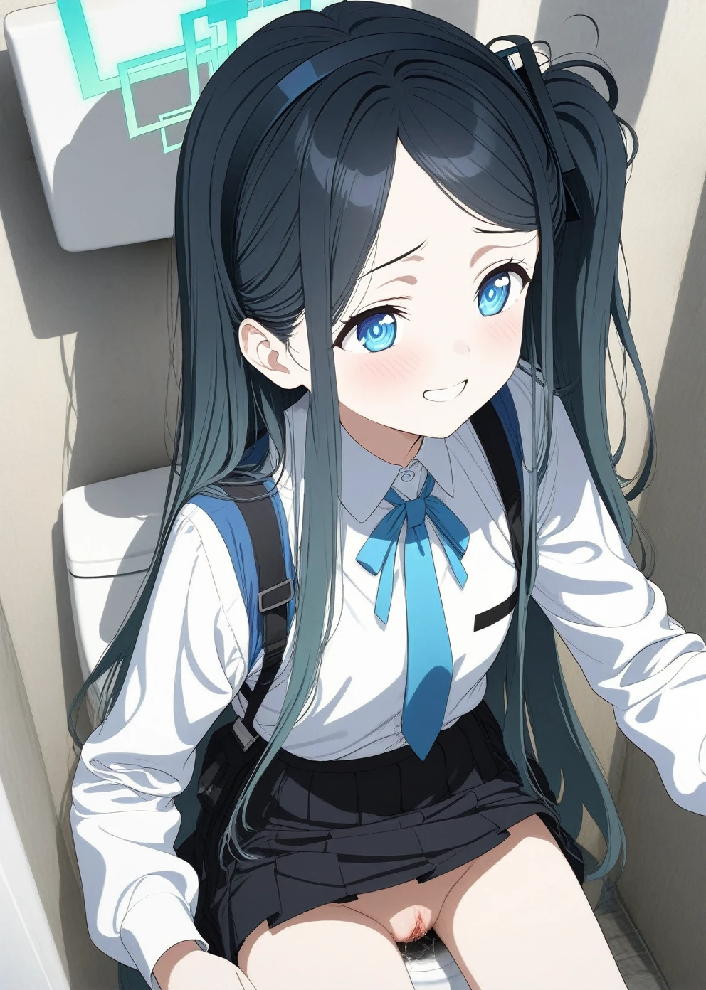 best quality, amazing quality, very aesthetic, absurdres, 1girl, aris (blue archive), blue archive, blue eyes, black bikini, (artist official art:1.5), (realistic face), (grin, skirt, lift, pussy, show), (cowboy shot), spread pussy, pussy juice, (concept art:1.3), from above, toilet, sit, expressive eyes, perfect face, 4k, extremely detailed anime illustration, extremely detailed eyes, enhanced details, perfect anatomy, light rays, photo background, extremely delicate body, smooth skin, feminine expression, black background, cristal clear eyes, beautiful face,