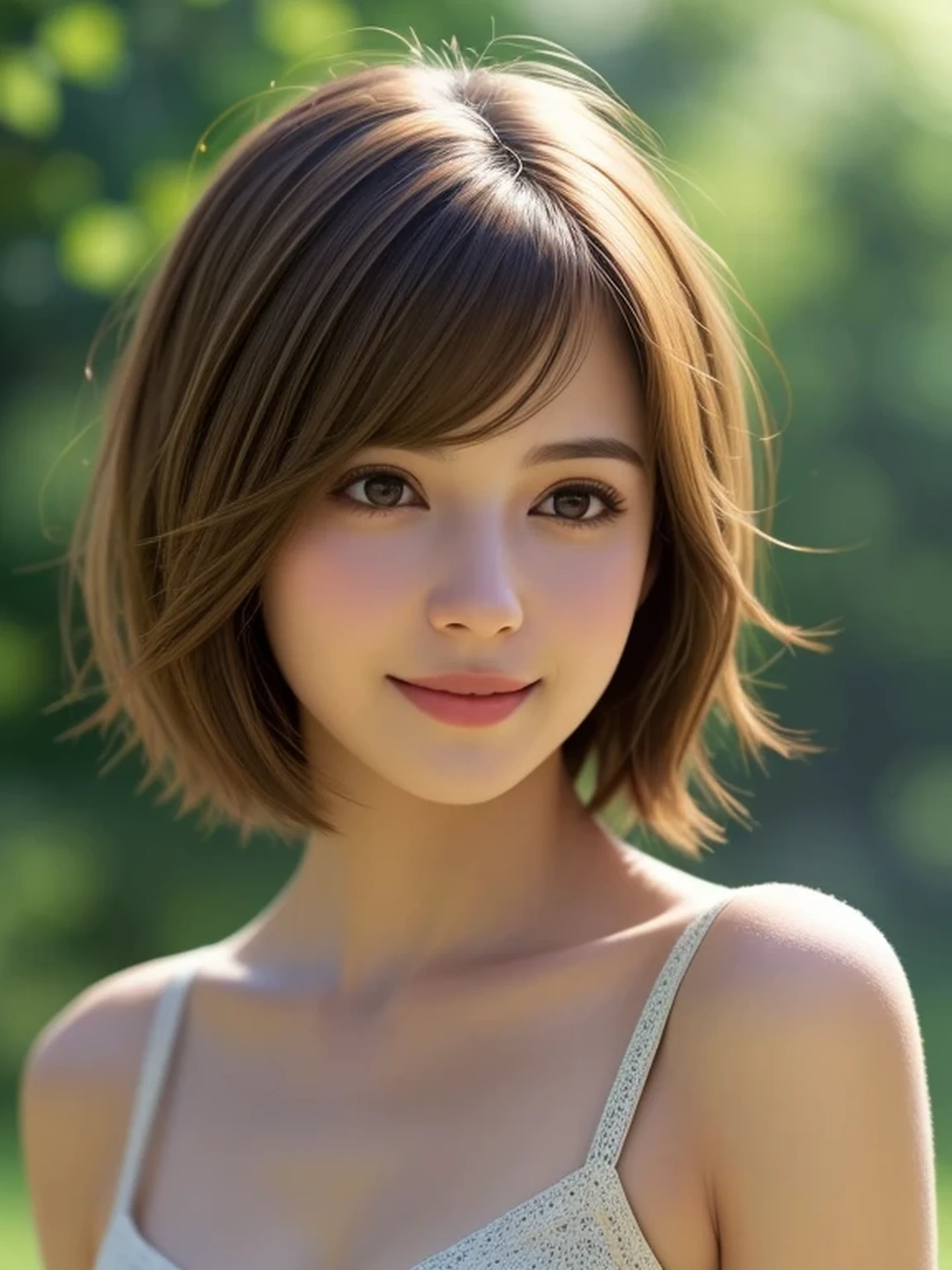 (looking away:1.4), (upper body shot:1.2), Realistic digital painting of a woman portrait, Shy,  Cute, happy smile, brown eyes,  (short Hair:1.1), (light brown brunette hair:1.3), (Highly detailed skin:1.2), Mystical style, Global Illumination,