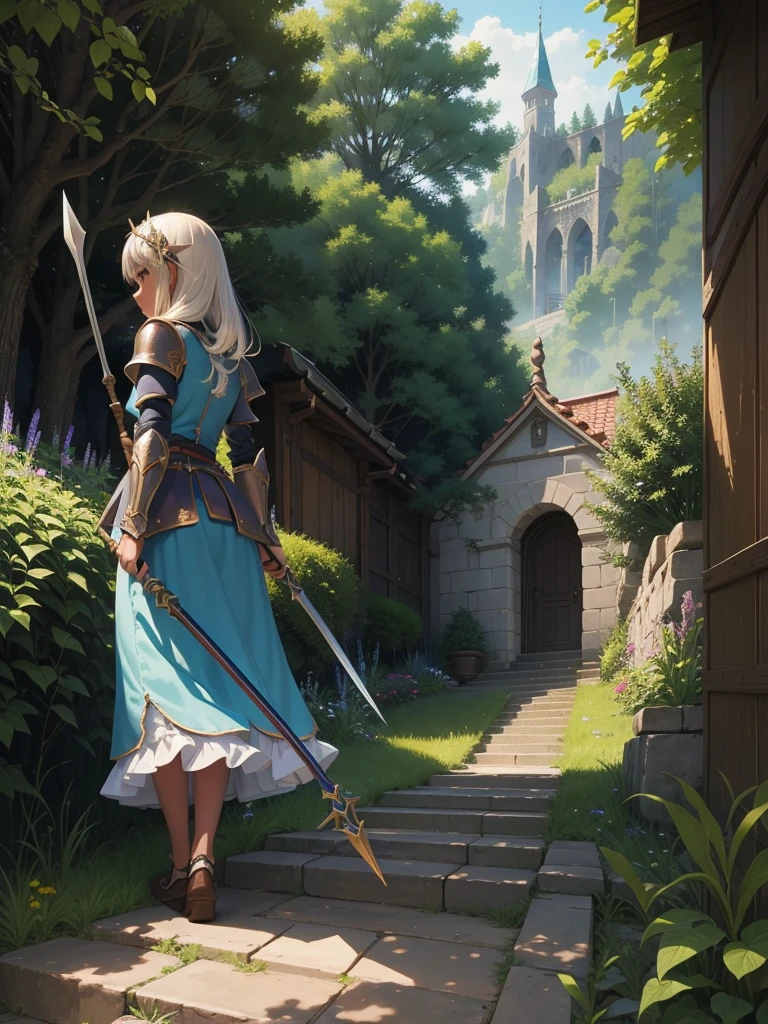 最high quality、high quality、10 years old、Girl Adventurer、Climb the labyrinth stairs、Light Armor、Long skirt、Skirt lining、Translucent slip、Holds a legendary spear and a small shield、Monsters in the distance