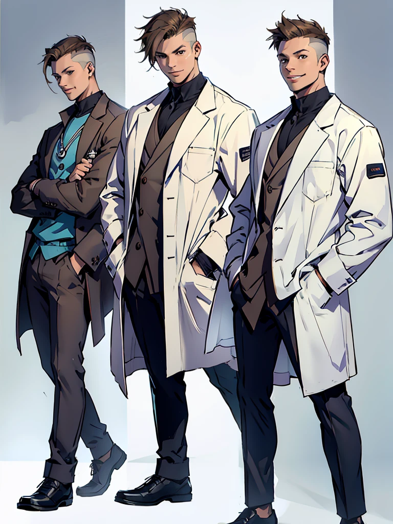 cabello blanco ojos amarillosyoung male doctor, wearing white doctor's clothes, brown short hair, hands in his pockets, smiling, dynamic pose, character sheet style