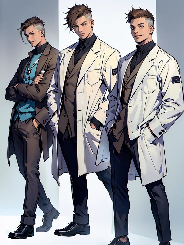 cabello blanco ojos amarillosyoung male doctor, wearing white doctor's clothes, brown short hair, hands in his pockets, smiling, dynamic pose, character sheet style