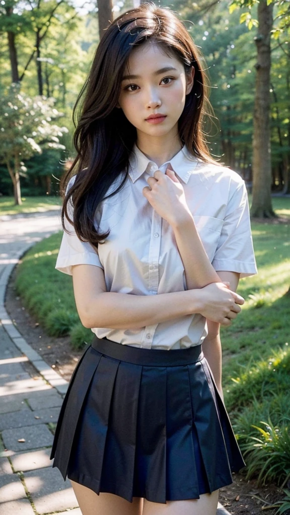 (masterpiece, best quality:1.2), octane rendering, (8k, uhd, ultra high res), professional lighting, (RAW photo:1.2), (photorealistic:1.37), (super intricate all details), (super realistic all textures), realistic photo, ultra detailed eyes, ultra sharp photo result, superrealism, Lakeside park with sunlight shining through the trees, (school uniform, shirt, skirt), japanese girl, , , skinny body, flat chest, extremely beautiful face, super detailed face, super real skin, super detailed eyes