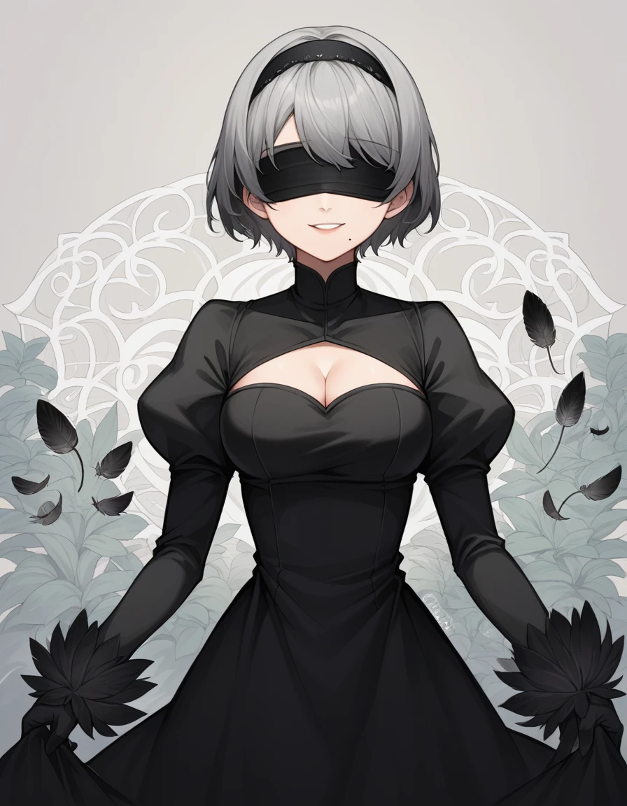 score_9, score_8_superior, score_7_superior, sauce_anime,
2b, 2b, Yoruhano. 2 Type B, short hair, Gray Hair, hair band, Mole, black hair band, Mole under mouth, Blindfold, eyes covered, black Blindfold,
gloves, Long sleeve, dress, Puffy sleeves, black dress, Clothing cutouts, Cleavage cutout, Juliet Sleeve, Feather ornament sleeves,
smile, Floral Background,
View Viewer, Cowboy Shot, Dutch Angle, alone,