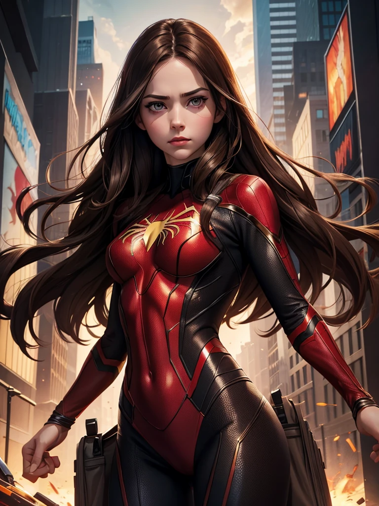 (best quality), 1girl, female, pale skin, dark brown hair, long hair, straight hair, brown eyes, perfect eyes, bags under eyes, marvel universe, spiderwoman suit, masterpiece, anatomically correct, highres
