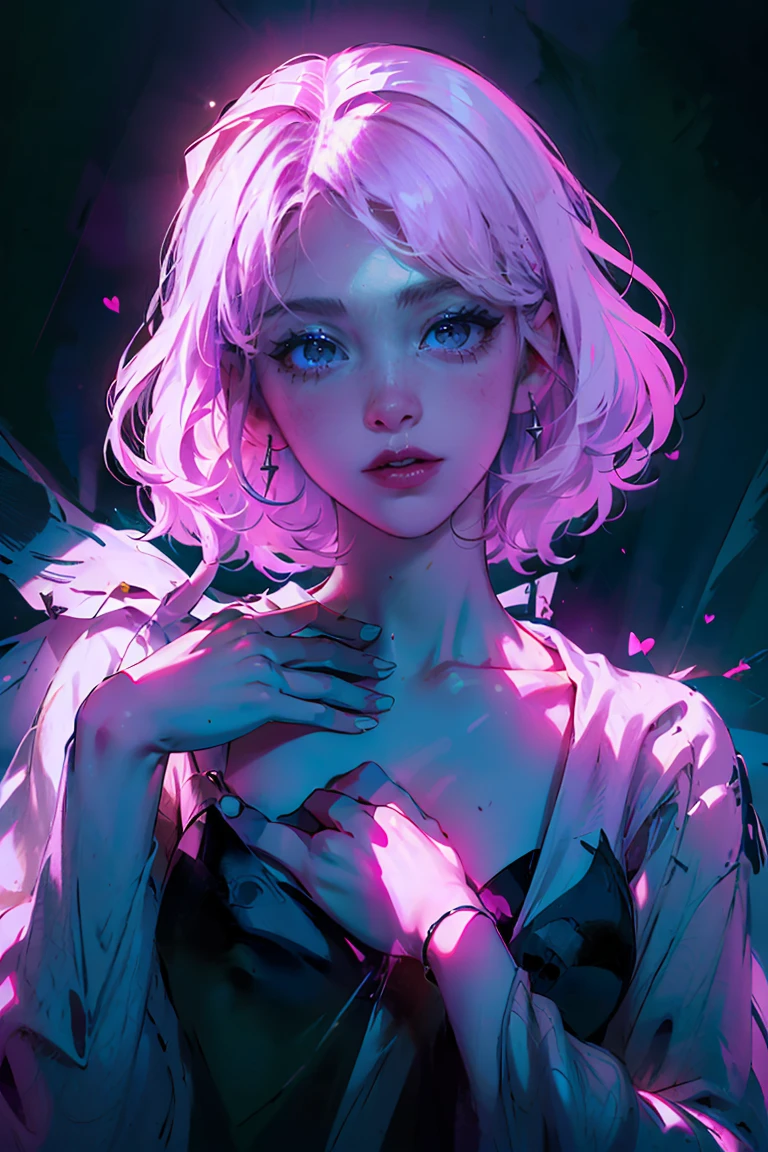 (Best quality,4K,masterpiece:1.2),Ultra detailed,(photorealistic,photo-realistic:1.37) (Medium shot of a mature ((pink:1.25 and white:1.1) haired women wearing a sexy)), smiling, dark lighting, Dark blue lighting, switch the lights off,  No lighting, night time, night city, anime night city, hands anatomy, best 5 fingers, dynamic physics, ultimate power women, anime style, noir style, retro classic 