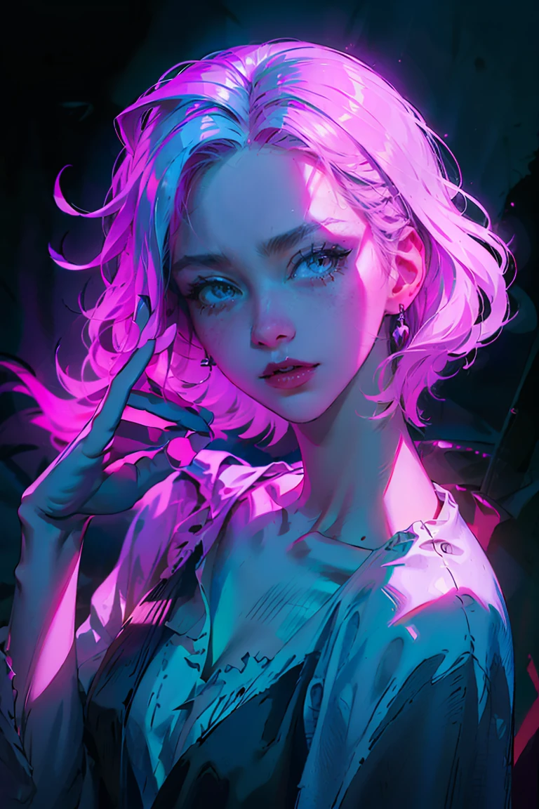 (Best quality,4K,masterpiece:1.2),Ultra detailed,(photorealistic,photo-realistic:1.37) (Medium shot of a mature ((pink:1.25 and white:1.1) haired women wearing a sexy)), smiling, dark lighting, Dark blue lighting, switch the lights off, No lighting, night time, night city, anime night city, hands anatomy, best 5 fingers, dynamic physics, ultimate power women, anime style, noir style, retro classic