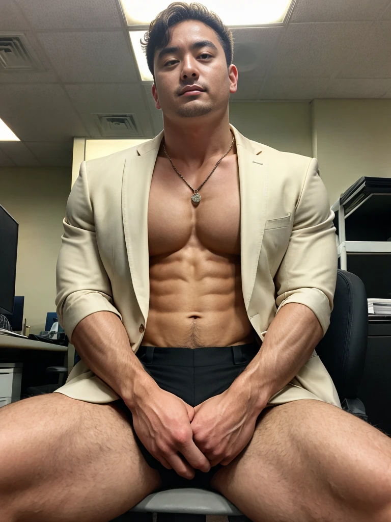 Realistic photography of a korean sexy boss, 29 ages , wearing a suit, thin necklace, huge pecs, fat , tan skin, at office olds,sit cool