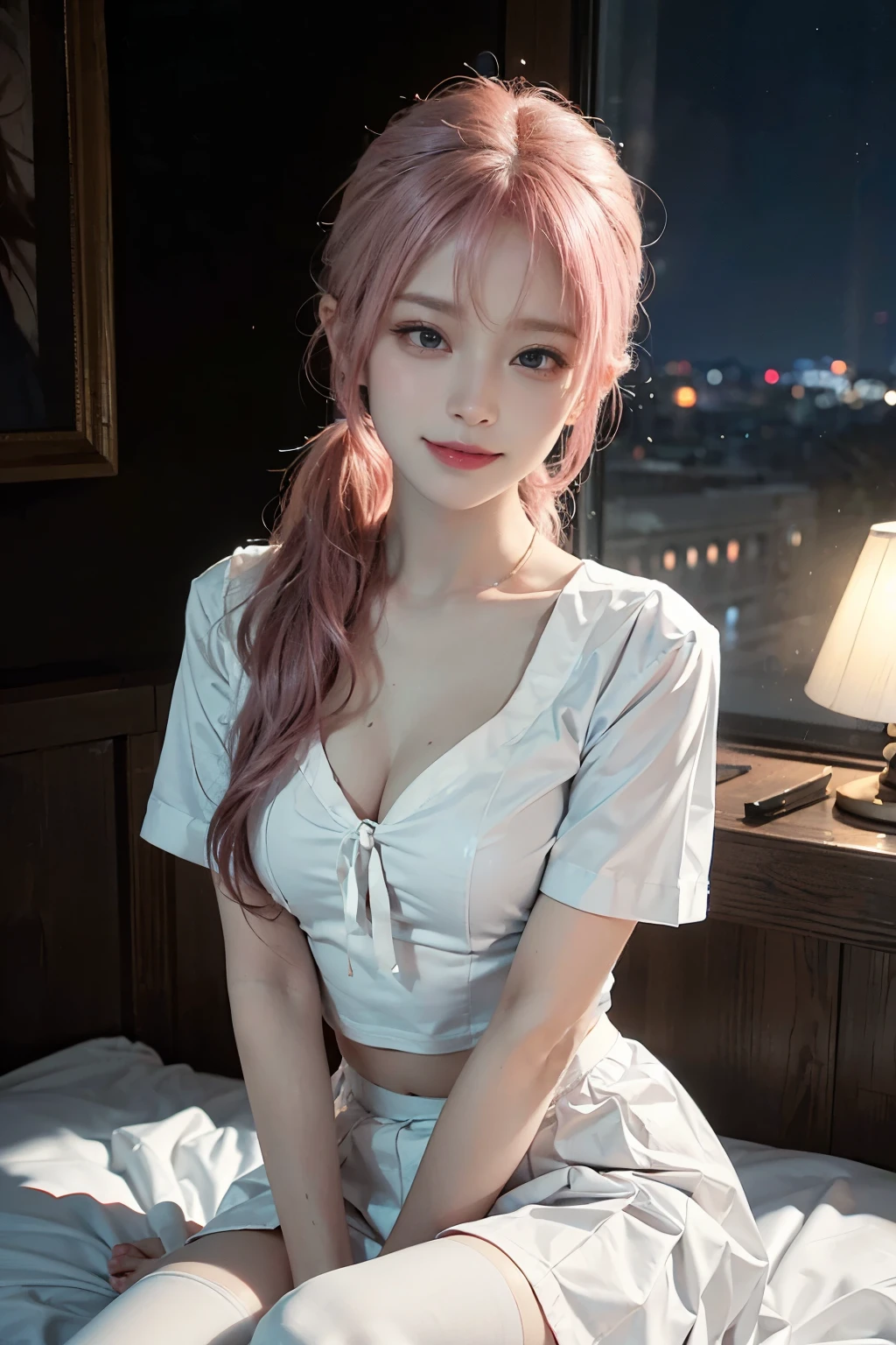 (1 Sexy Woman, Solo, Pink Hair, Ponytail, Bung, Sailor Uniform, High School Student, Sitting, arms up, cowgirl position, Smile:1.4), top-quality, ultra-detailliert, masterpiece, realisitic, (Detailed Eyes, Beautiful Eyes, glossy lip, cleavage:1.2), (Short sleeve uniform white shirt, Mini Pleated Skirt, White stockings:1.3), (Extremely-Close-up:1.3), (In The Bed Room At Night), ((anatomically correct)), (Futuristic Portrait), The beginning of a romantic love, 1 girl only, Shining ultra high resolution beautiful skin, Rim Lighting, Cinematic Light, Look at viewer, no futuro telhado de luz neon, SSCI - FI e Fantasia, intrincado e muito bonito e elegante, altamente detalhado, pintura digital, art-station, arte conceitual, smooth and sharp focus, illustration, Arte de Tan Zi e Ayanamikodon e Alphonse Mucha e Wlop,Small breasts,Flat Chest,Small Bust,Small hips,Small waist,Flat Chest,Small hips,Small waist,Small waist,Thin legs,Small buttocks and thin thighs and legs,Beautiful and aesthetically pleasing nipples,,Are thin,Especially slim lower body,Pale pink underwear,Thin cotton underwear,A simple undergarment made of thin strings,Small breasts,Flat Chest,Small Bust,Small hips,Small waist,Are thin,Thin body type,Thin legs,Small butt and slim thighs,all nude,full nude,Completely naked,Korean,Korean famous idol star,Korean beautiful girl dancer,Korean singer,Thin butt,flat ass,The belly button and the surrounding area are exposed,Beautiful nipples,The most artistically and aesthetically beautiful nipples,Suspicious interior,Unhealthy indoor environment,Put a slit in the pussy,Small breasts,Almost flat bust,My beautiful body bought for 20,000 yen,Beautiful and highly artistic nipples,