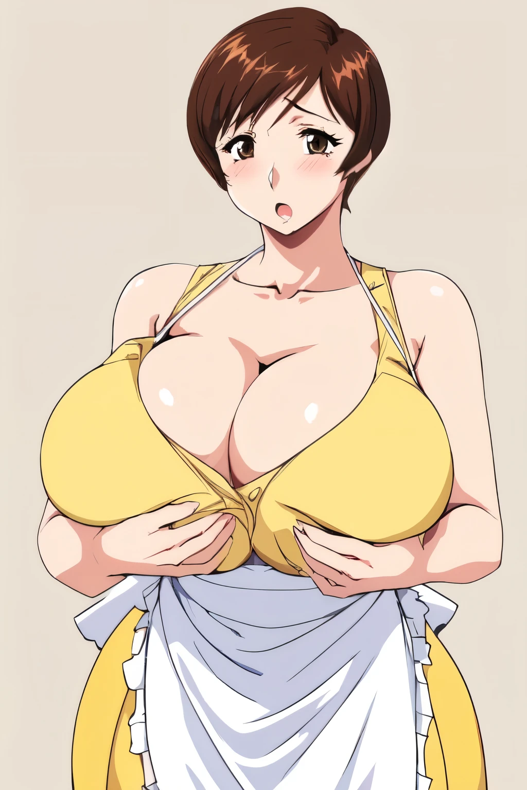 masterpiece, highest quality, High resolution, One girl, alone, sexual intercourse, Pornographic images, short hair, etsukoto, Brown eyes, fine grain, fine grain, (((Thick thighs, Plump thighs, Voluptuous thighs, Thighs alone are enough))), Huge and ample breasts, Cleavage, Huge long breasts, Naughty big,((Big breasts are important))、((Naughty thighs)), L Cup, (thin:1.4),(Tight waist:1.4), (Yellow Dress:1.4), ((white waist apron)), White panties, anguish, :o, blush, (((Simple Background))), ((Wide Hips)), Shiny, Oily skin, Mature mother, Calf, Seductive mature woman, Perfect body, Plus Size Model, etsukoto, blush, clavicle, retro artstyle, 1990s (style), ((grabbing own breast byself)),