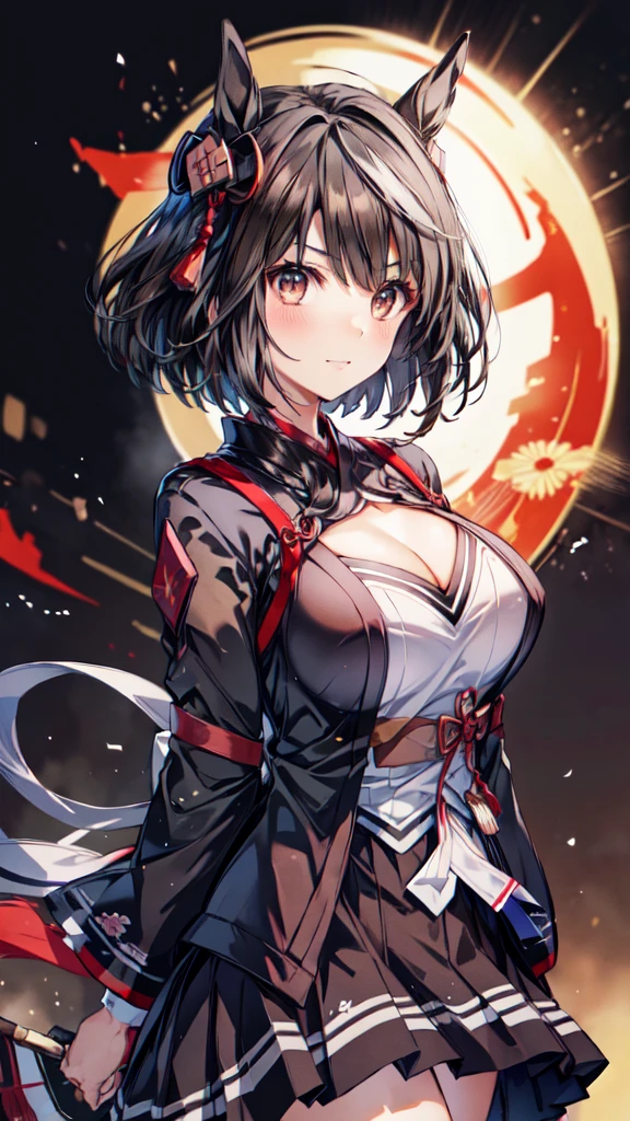 ((masterpiece, sidelighting, finely detailed beautiful eyes: 1.2)), ultra-detailed, ultra high res, professional lighting, high quality makeup, beautiful detailed eyes, sexy, beautiful, big eyes, drooping eye, (Kitasan Black:1.8), (high school student:1.2), (middle breasts), (slender body:1.1), (brown and red japanese clothes, skirt:1.6), (horse ear:1.2), (blush cheek, blush body:1.1), moist eyes, (black hair:1.2), (short hair:1.2), (horse ear:1.2), Extremely cute, (extremely detailed beautiful face), Authentic skin texture, beautiful hair, beautiful face, beautiful eyes, beautiful body, beautiful hands, (smile), standing, (face focus:1.6), (cleavage breasts focus:1.4), erect nipples