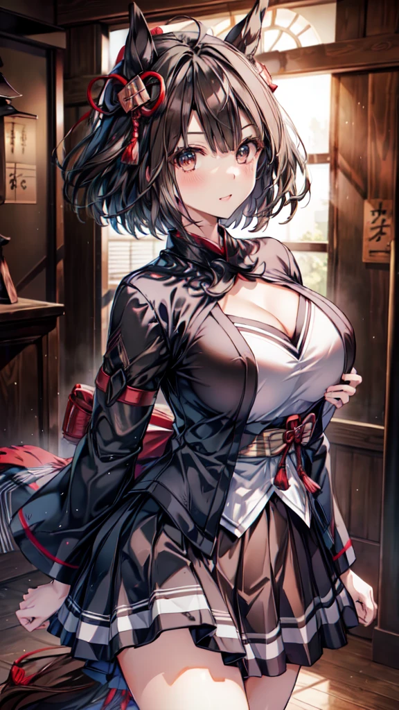 ((masterpiece, sidelighting, finely detailed beautiful eyes: 1.2)), ultra-detailed, ultra high res, professional lighting, high quality makeup, beautiful detailed eyes, sexy, beautiful, big eyes, drooping eye, (Kitasan Black:1.8), (high school student:1.2), (middle breasts), (slender body:1.1), (brown and red japanese clothes, skirt:1.6), (horse ear:1.2), (blush cheek, blush body:1.1), moist eyes, (black hair:1.2), (short hair:1.2), (horse ear:1.2), Extremely cute, (extremely detailed beautiful face), Authentic skin texture, beautiful hair, beautiful face, beautiful eyes, beautiful body, beautiful hands, (smile), standing, (face focus:1.6), (cleavage breasts focus:1.4), erect nipples