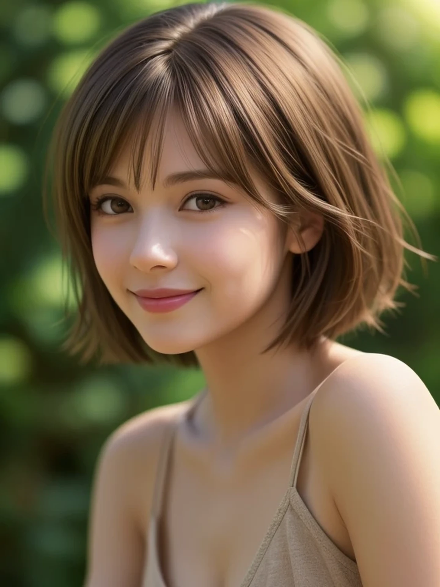 (looking away:1.4), (upper body shot:1.2), Realistic digital painting of a woman portrait, Shy, Cute, happy smile, brown eyes, (short Hair:1.1), (light brown brunette hair:1.3), (Highly detailed skin:1.2), Mystical style, Global Illumination,