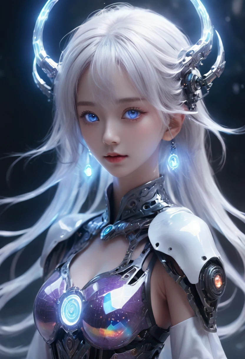 high quality exquisite wallpaper,(holographic:1.7),holographic metal,holographic fabric,1girl,wearing white Hanfu andblack mecha,The girl was surrounded by magic arrays,solo,mecha musume,blue_eyes,standing,cinematic lighting,strong contrast,1 beautiful young chinese woman,mature and exquisitefacial features,sharp eyes,photon force field,purple and blue glowing neon lights,wide_shot,robot girl,magic array,magic circle,roman numeral,blue theme,intricate glowing lace,(Multiple magic arrays:1.5),1 girl figure is slender medium breasts clothes show cleavage,white hair,Magic Array Control Recommendation: Tguilvas Salen Debi Maggichi Ares,Martipur Maggichi Ares,Tegil Issalon Debi Maggichilins,((Dark)),epic,8k,fantasy,ultra detailed,Magic,((hood)),(hoodie),((((hair over one eye)))),casting spell,blackhole,menancing,((glowing eyes)) ((BLUE eyes)),((glowing)),((Bloom)),magnificent,Masterpiece,absurdres,best quality,standing,1girl,human,evil,evil grin,apocalypse,destruction,end of the world,crazy eyes,Crazy,psycothic,looking down,superior,(sadistic),((demoniac)),spear,spectral,ghostly,circle,rim,rim light,crescent,abyssal,Shorts,groin,hip bones,hip lines cowboy shot,Magic Circle,excessive energy,scifi,abyssaltech,dark energy,ethereal,dissolving,see-through,abyss,antitech,scifi,pure energy,thighs,big tits